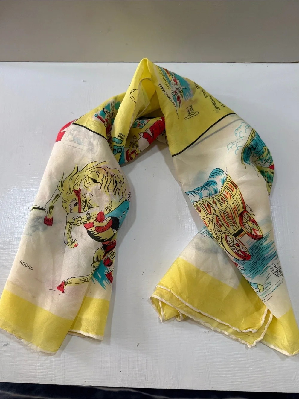 Vintage 1940’s Rare Nevada Scenic Silk Scarf 🧣 - Yellow Trim 30” Square